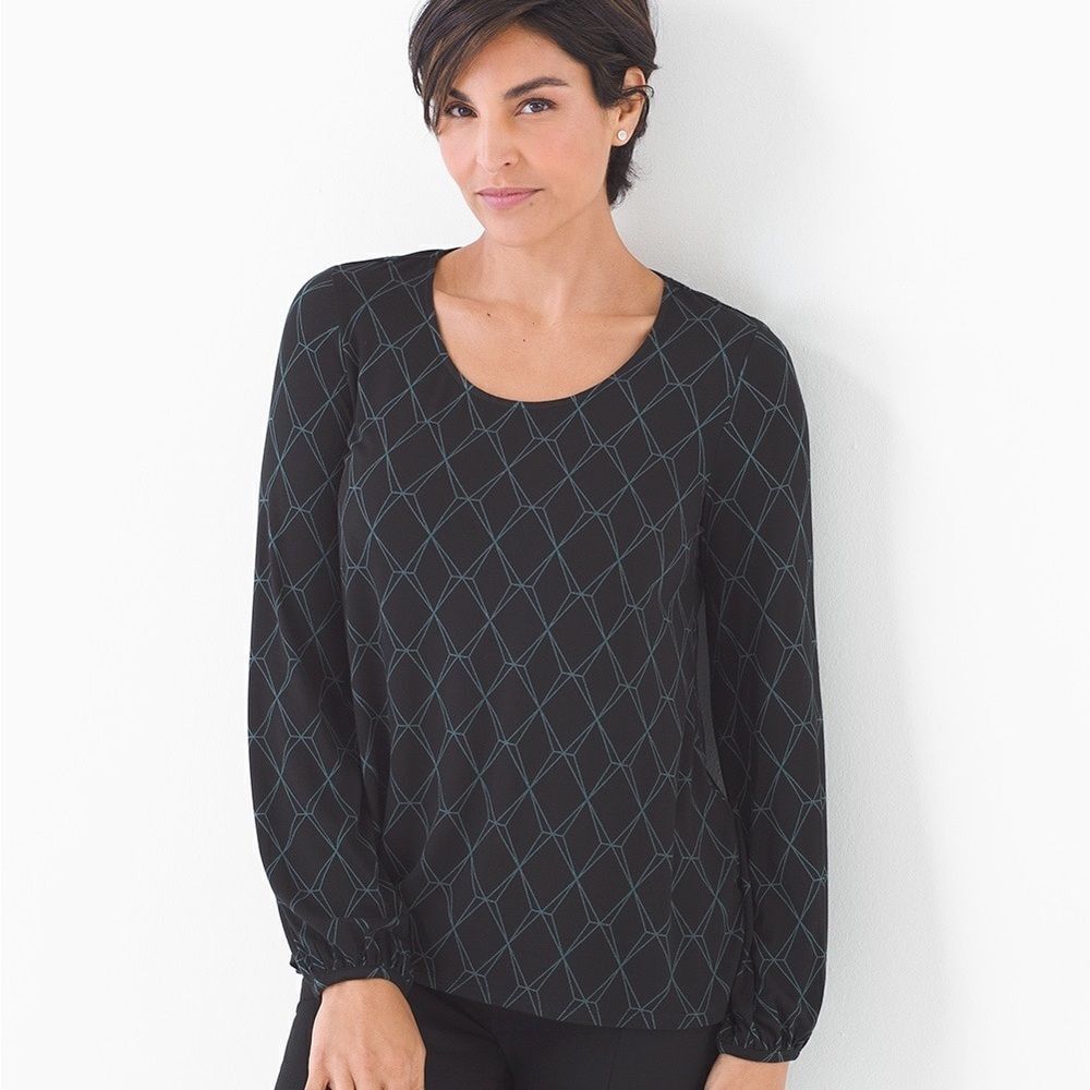 Soma Scoop Neck Long Peasant Sleeve Top Quiet Geo Black Size Small